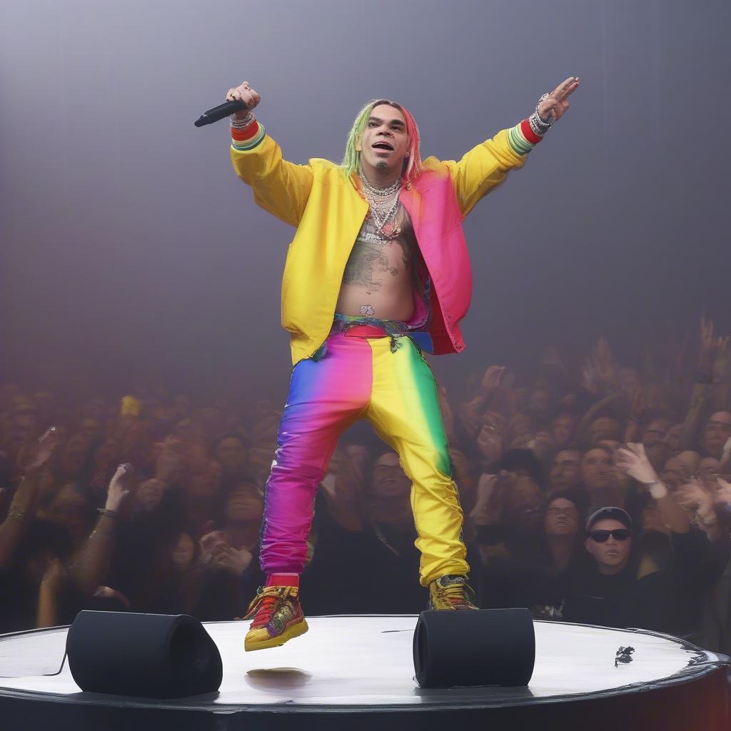 6ix9ine performing live on stage, engaging with his audience.