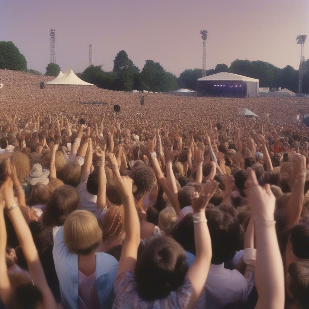 A large crowd cheering and enjoying a 70s music festival, representing the impact and cultural significance of the era's music.