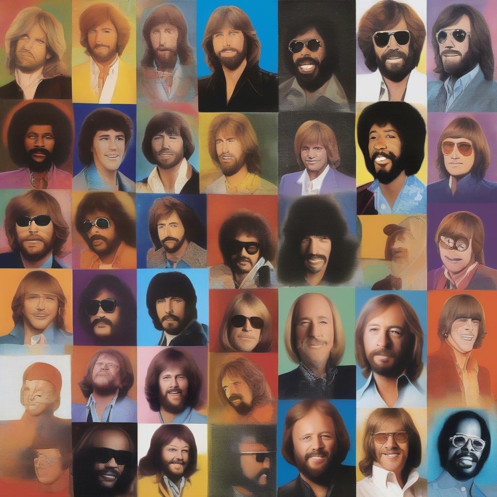 70s Music Icons: A collage featuring iconic musicians like the Bee Gees, Stevie Wonder, and Elton John, representing the diverse musical landscape of the decade.