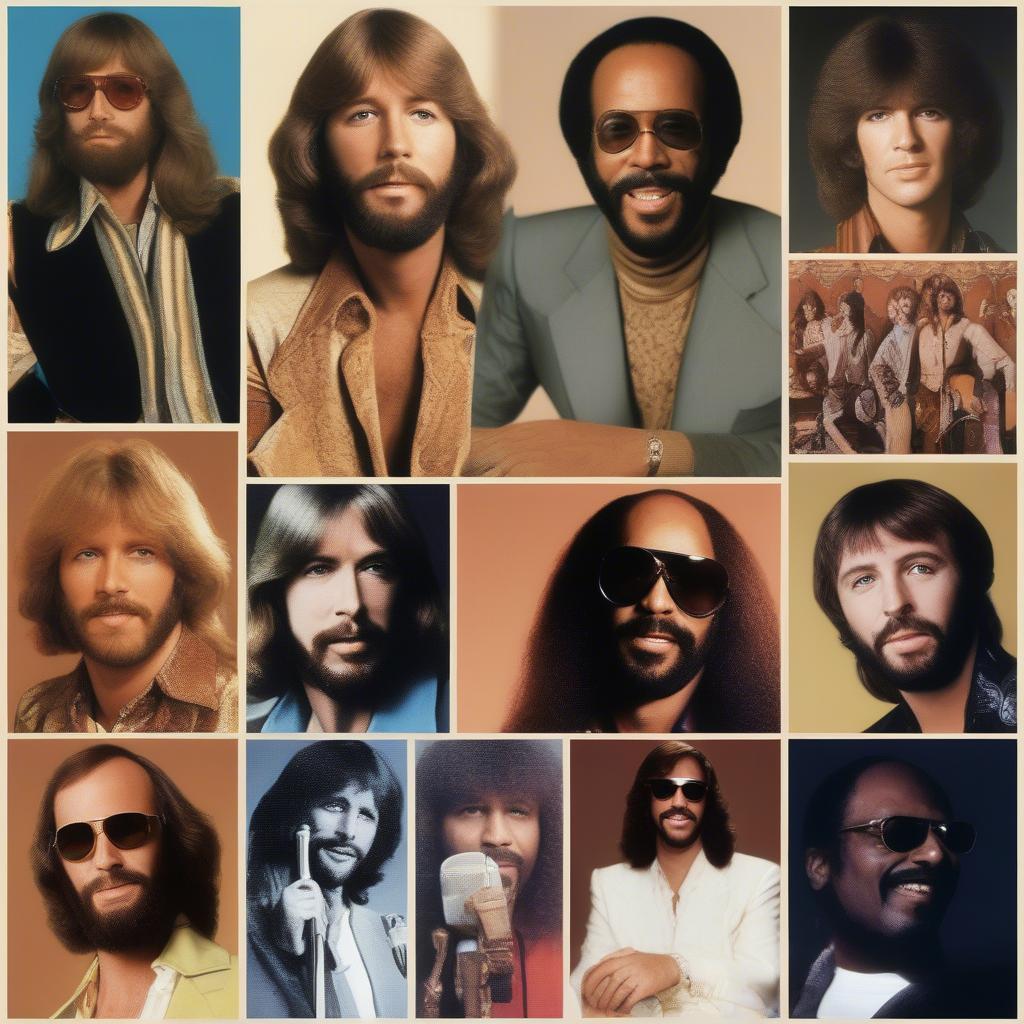 70s Music Icons: Collage of artists like Bee Gees, Fleetwood Mac, and Stevie Wonder