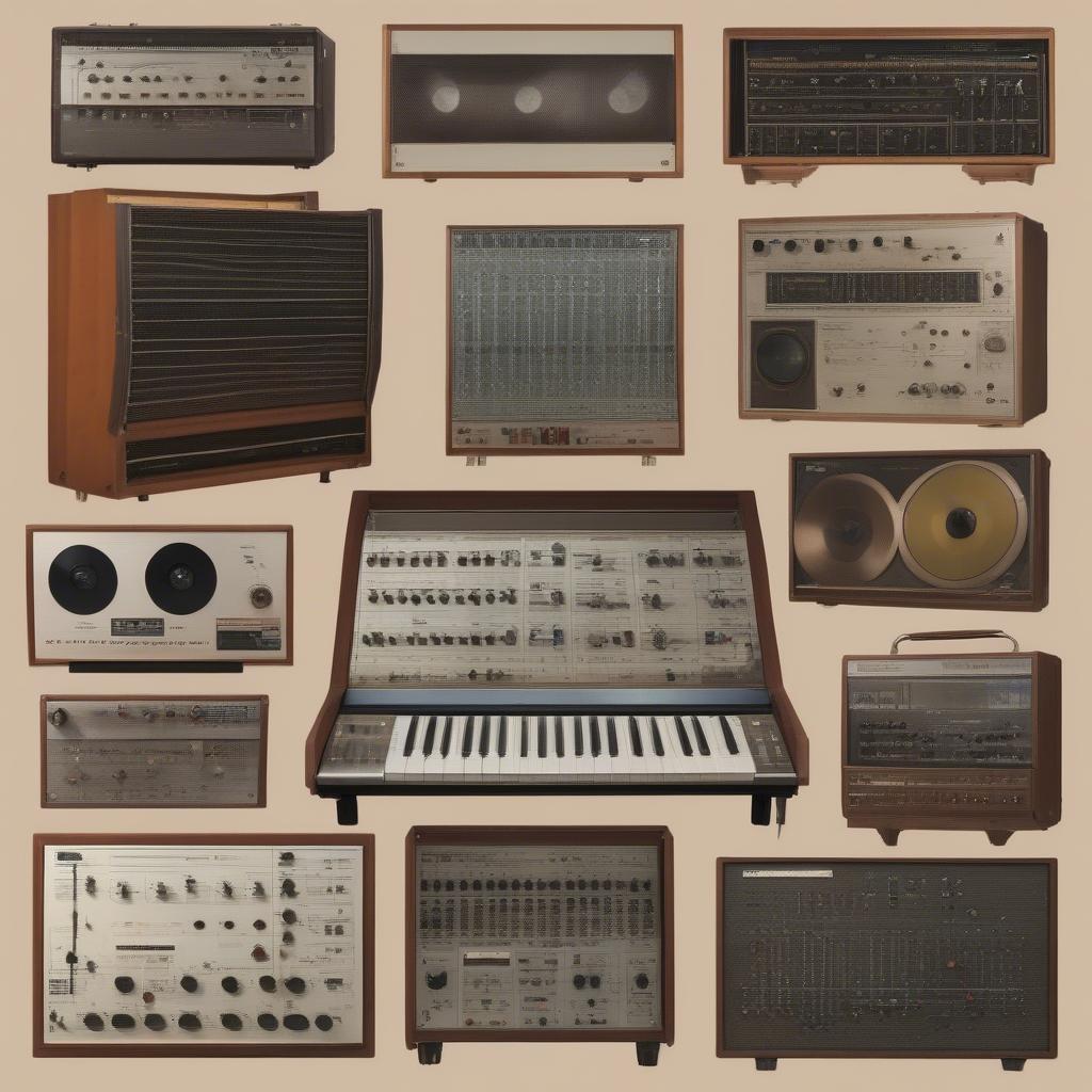 70s Music Technology: An image showcasing vintage synthesizers, mixing consoles, and recording equipment.