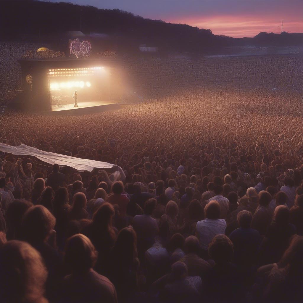 70s Rock Concert: A packed stadium with fans cheering and a band performing on stage under bright lights.