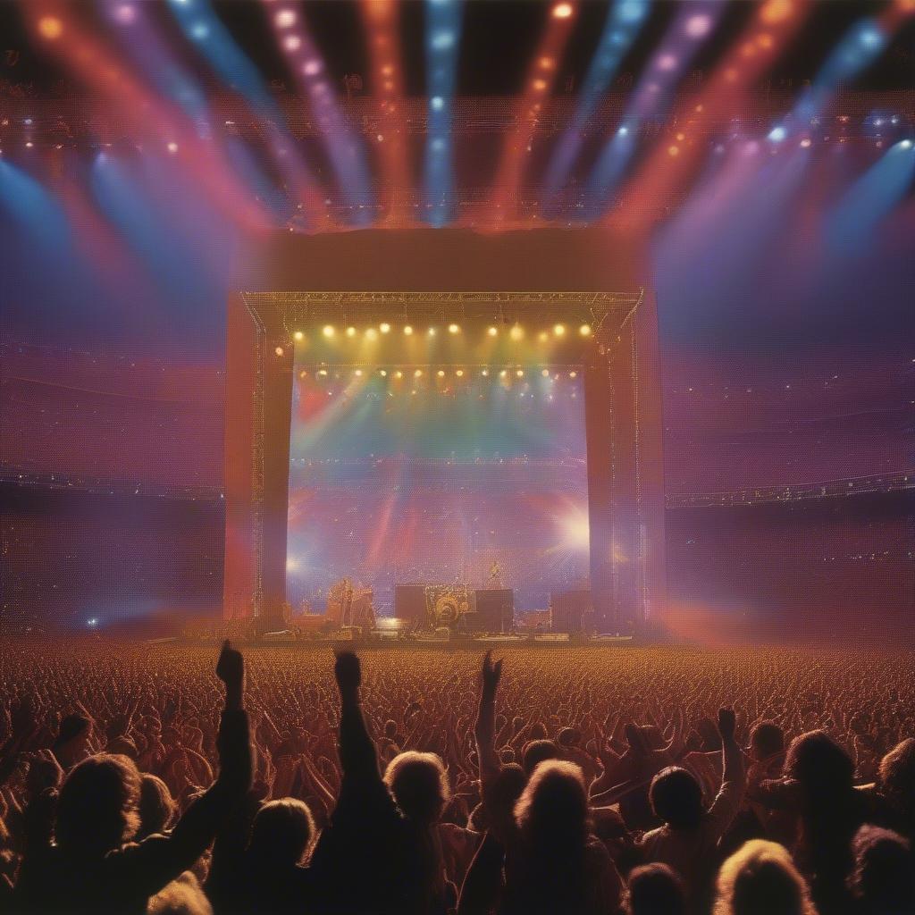 70s Rock Concert: A Led Zeppelin concert with a large crowd and energetic stage presence.