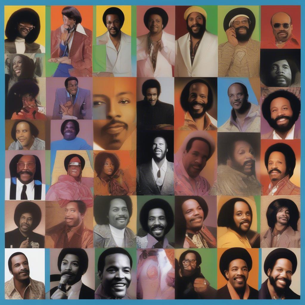 70s Soul Artists: A collage featuring iconic soul artists like Marvin Gaye, Stevie Wonder, and Earth, Wind & Fire.