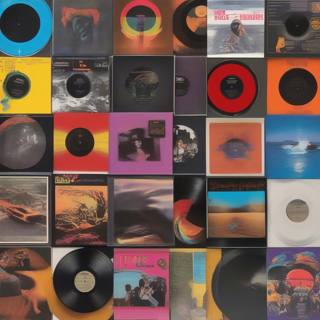 70s Vinyl Records: A collection of colorful vinyl records from the 1970s, showcasing various album covers.