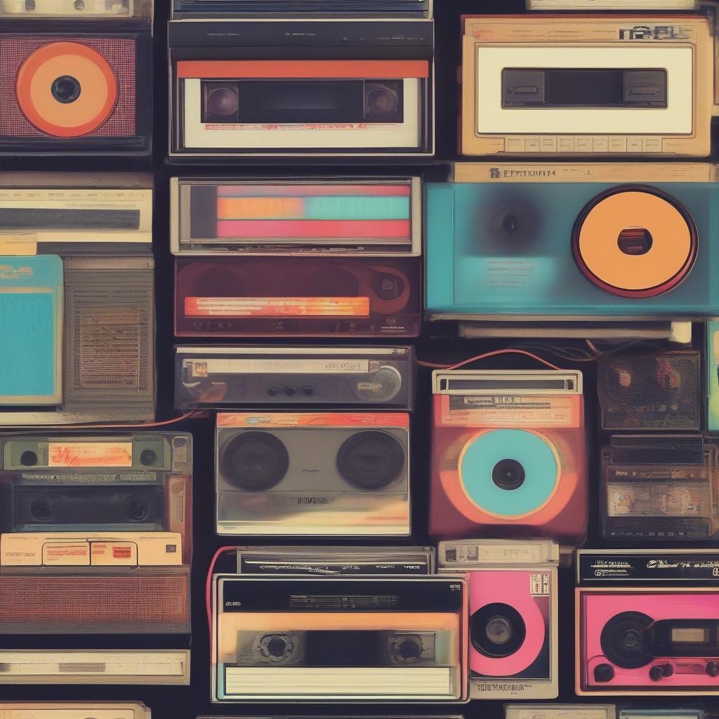 A vintage boombox playing music next to a pile of colorful cassette tapes, symbolizing the iconic music technology of the 80s.