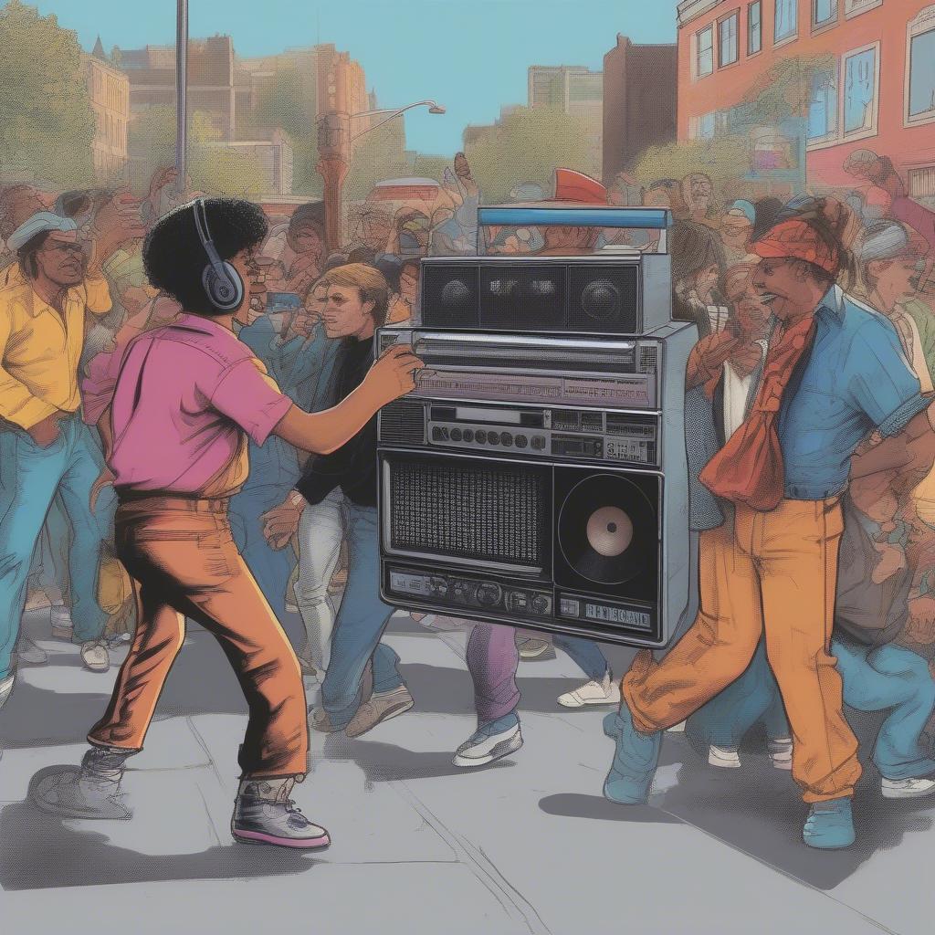 A boombox playing music on a vibrant city street in the 1980s