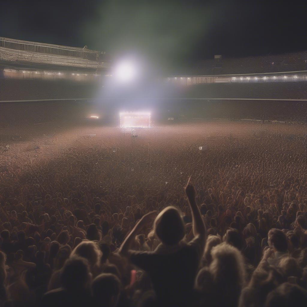 A large crowd cheering at a concert in the 1980s