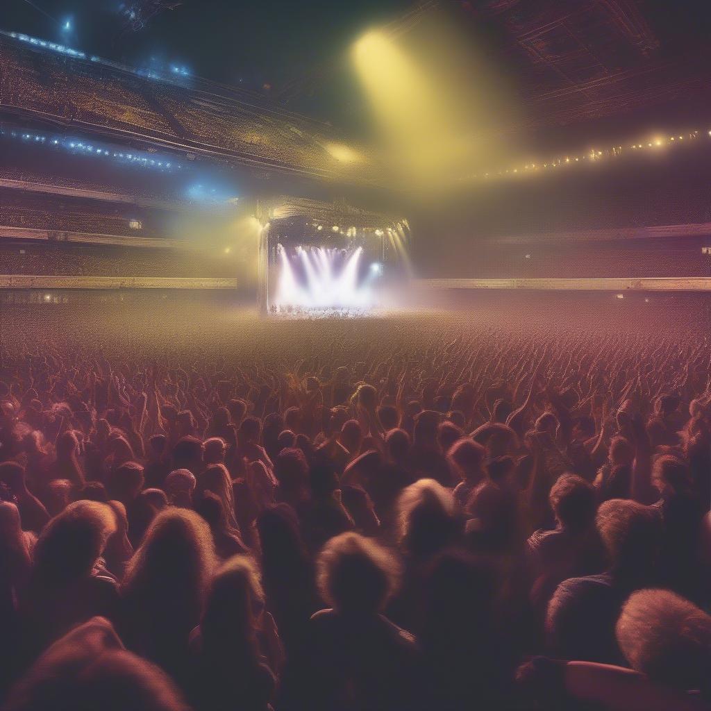 80s Concert Crowd: A large crowd at an 80s concert, waving their hands and singing along to the music, showcasing the energy and excitement of live music during that era.