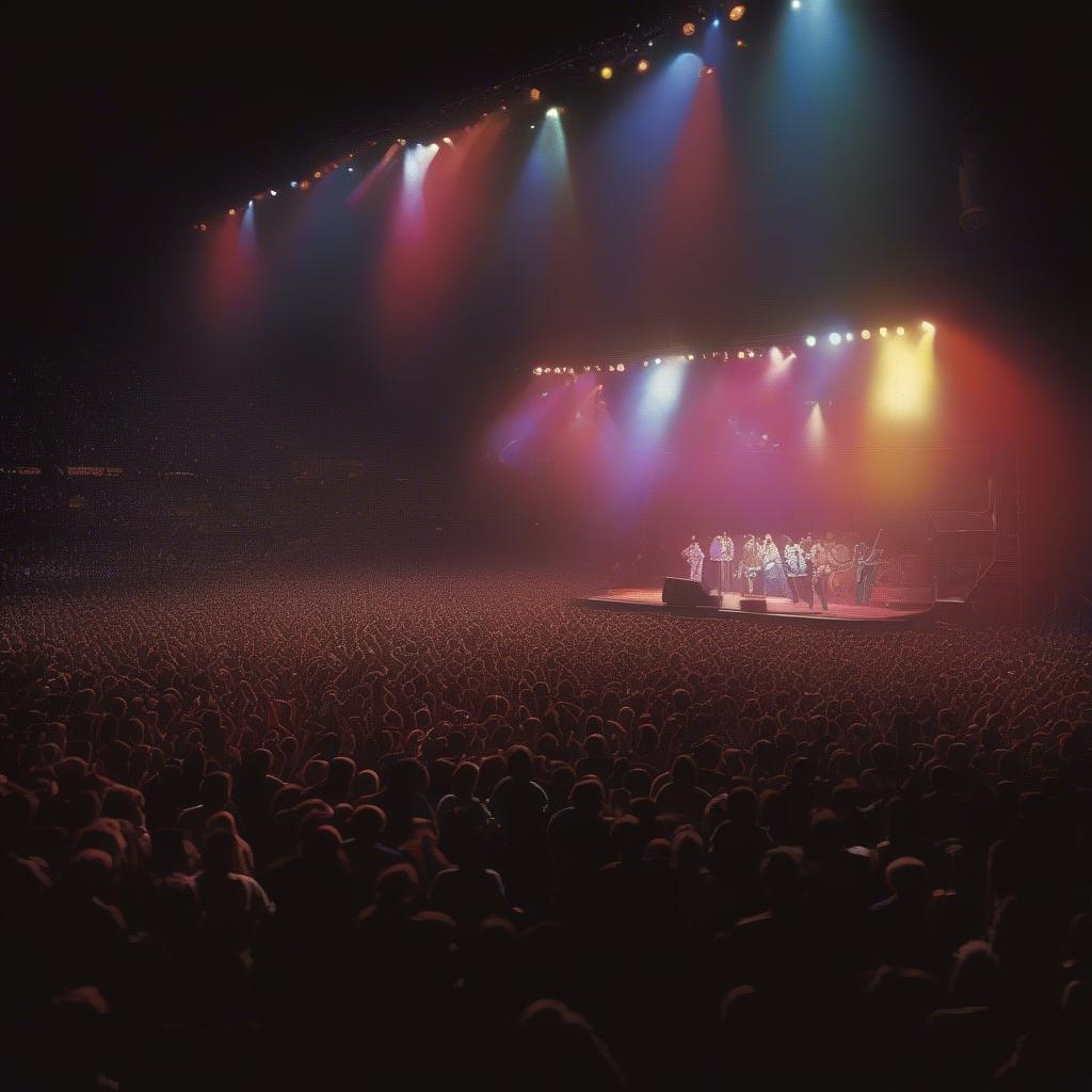 A crowded concert venue during a country music performance in the 1980s