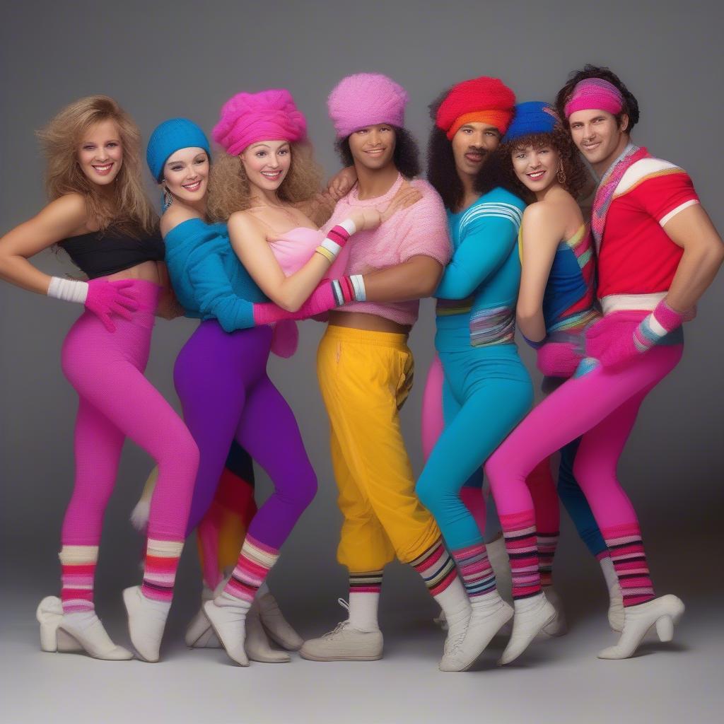 A group of people dressed in 1980s dance fashion, including leg warmers and bright colors.