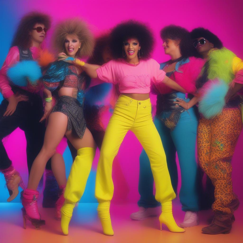 80s Fashion and Music: A photo montage illustrating the connection between 80s music and fashion, showcasing iconic looks like neon clothing, leg warmers, and big hair.