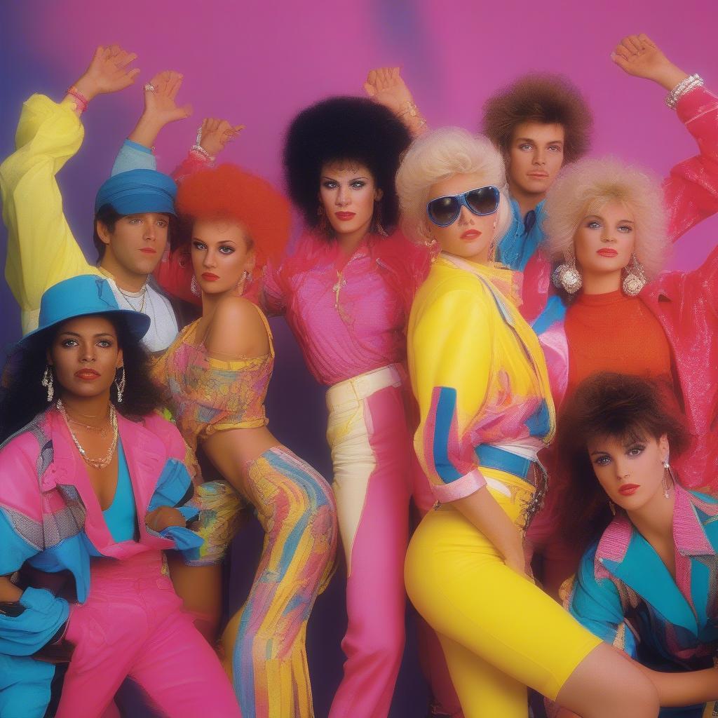 80s Fashion and Music: A group of people dressed in iconic 80s attire, dancing and enjoying the music of the era. 