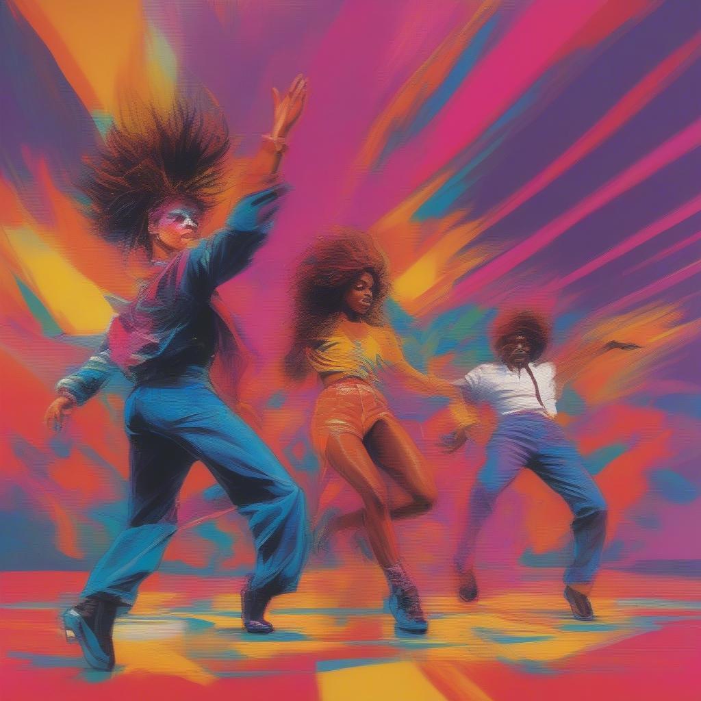 A group of dancers performing energetic freestyle moves in a club setting, dressed in vibrant 80s clothing.