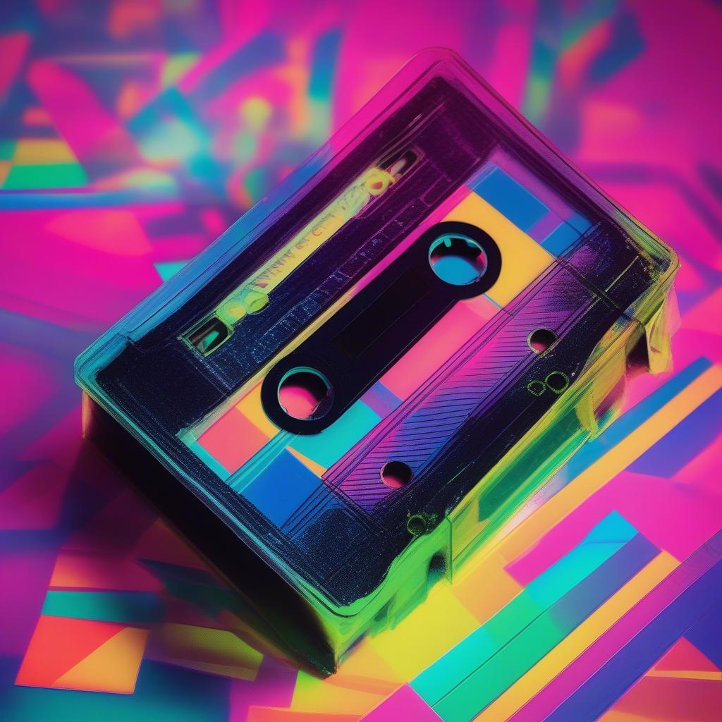 A cassette tape against a vibrant 80s backdrop.