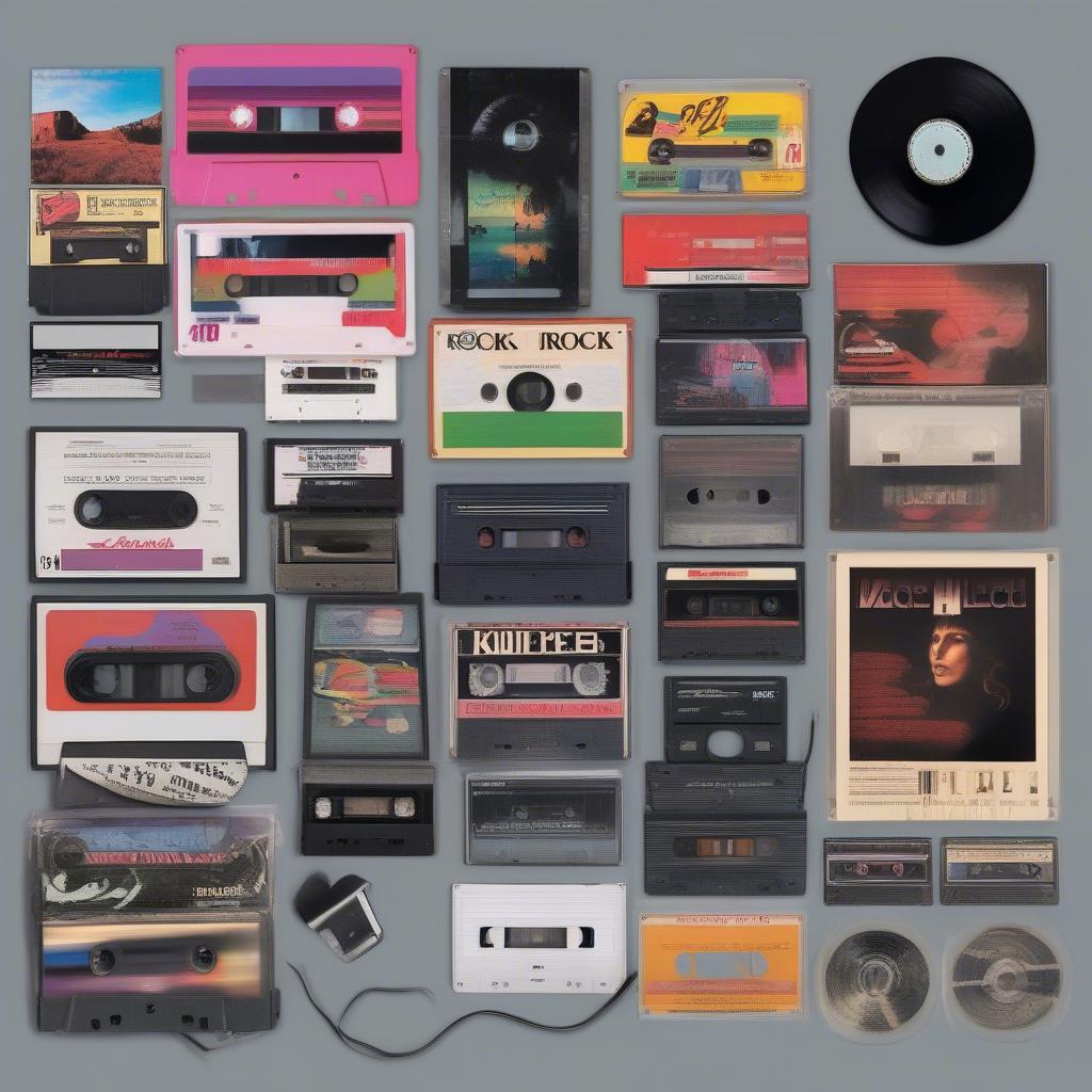 Collection of Cassette Tapes and Album Covers from Iconic 80s Rock Bands