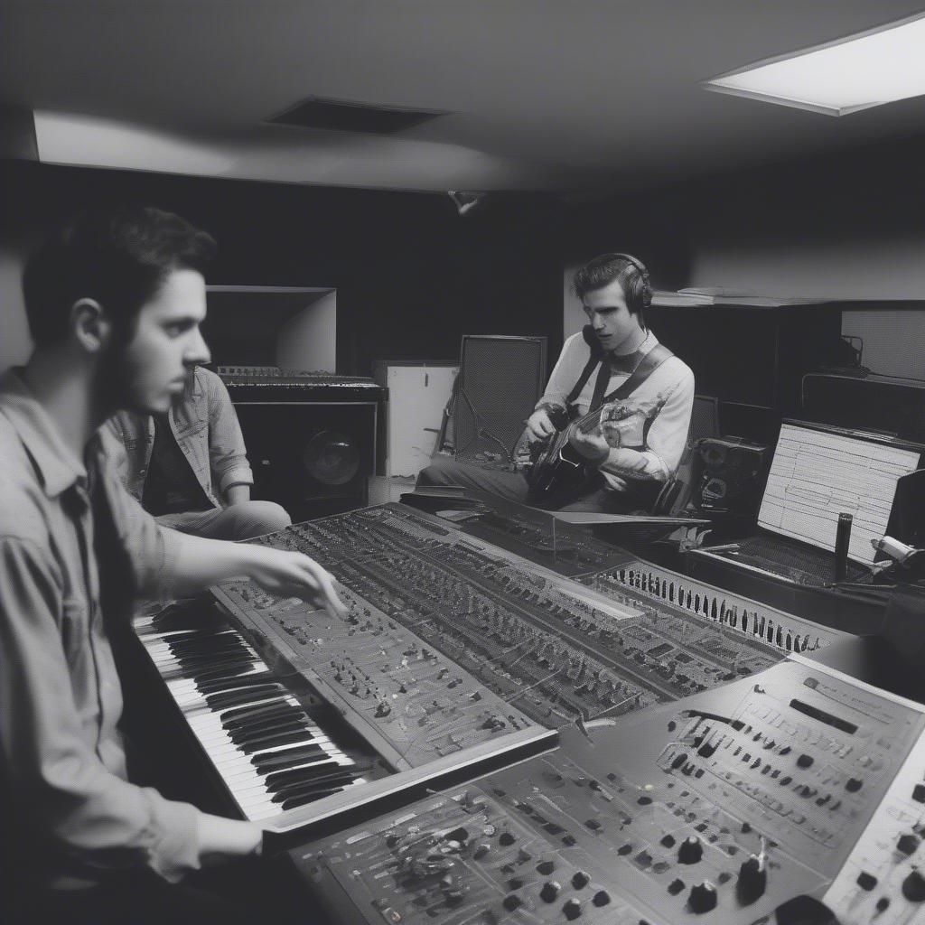 80s rock band in a recording studio, surrounded by instruments and recording equipment, capturing the creative process of making music in that era.