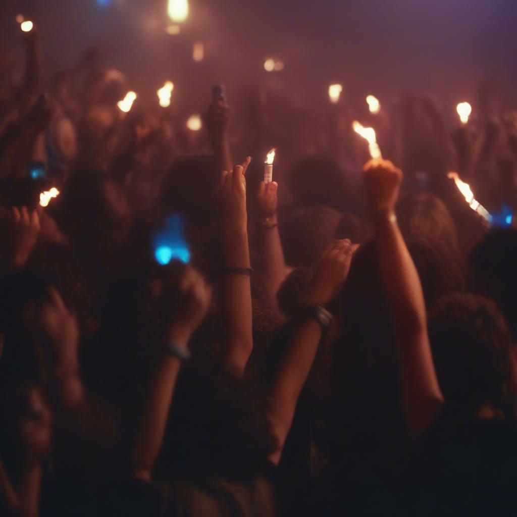 Crowd of 80s Rock Fans at a Concert with Lighters Held High