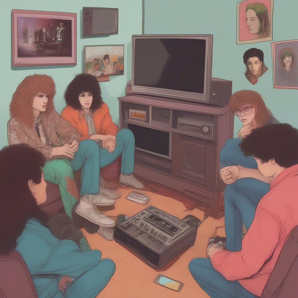 A group of 80s teenagers watching MTV on a television, illustrating how MTV influenced the music culture and youth of the decade.