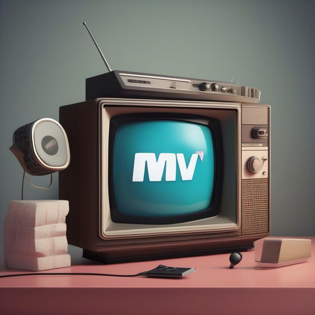 An old television displaying the MTV logo, surrounded by vinyl records and a microphone.