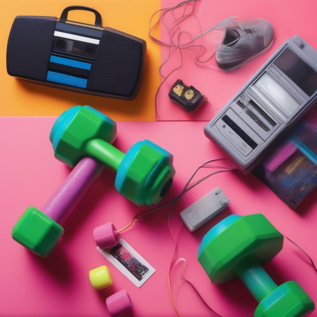 80s workout equipment like dumbbells and a step platform with a cassette player.