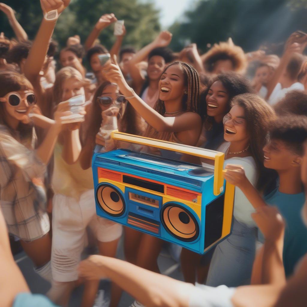 90s Boombox Playing Music Outdoors