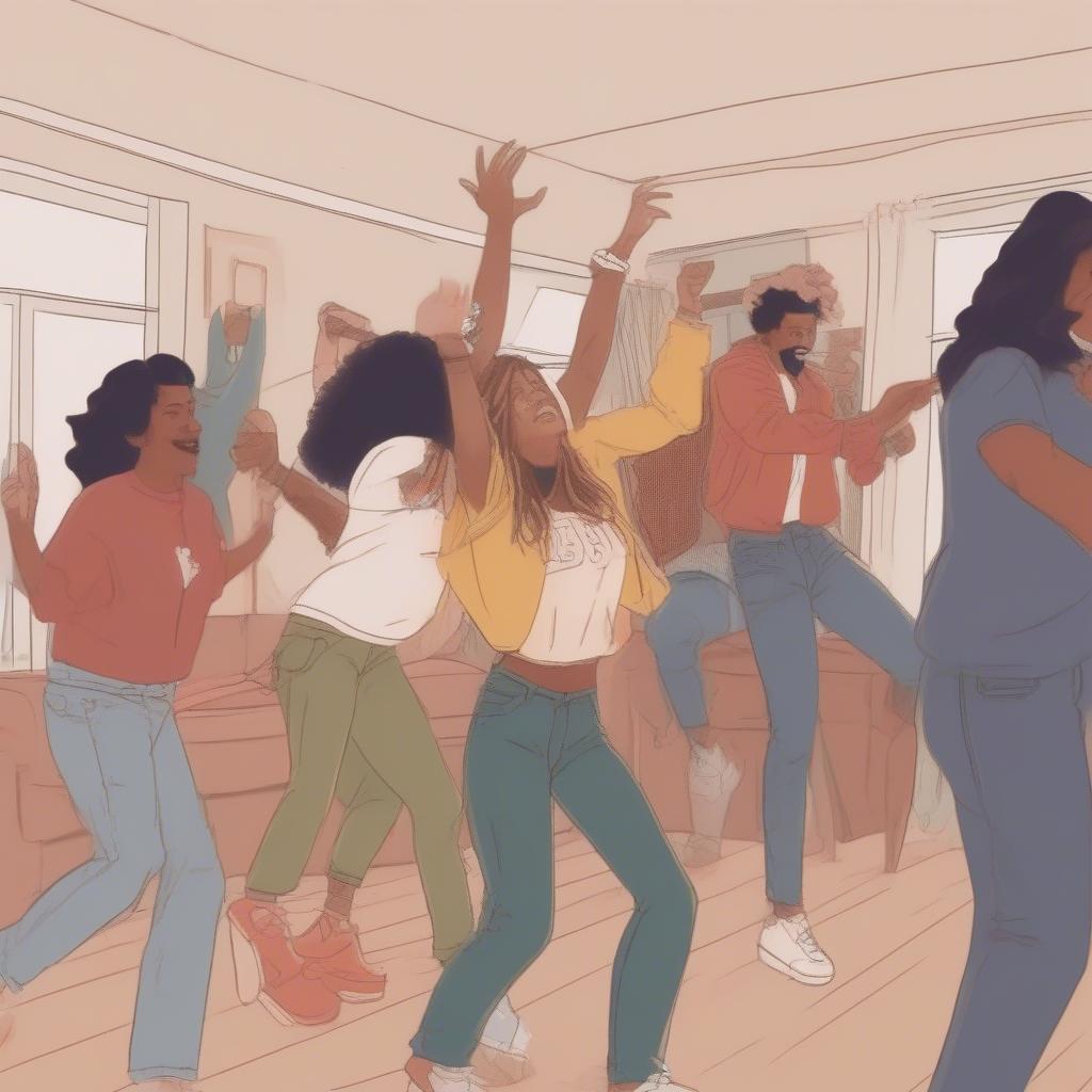 A group of friends dancing at a house party in the 90s