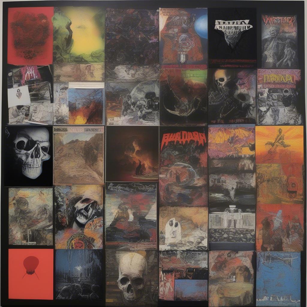 A collage of iconic 90s heavy metal album covers, representing the diverse subgenres and artistic styles of the decade.