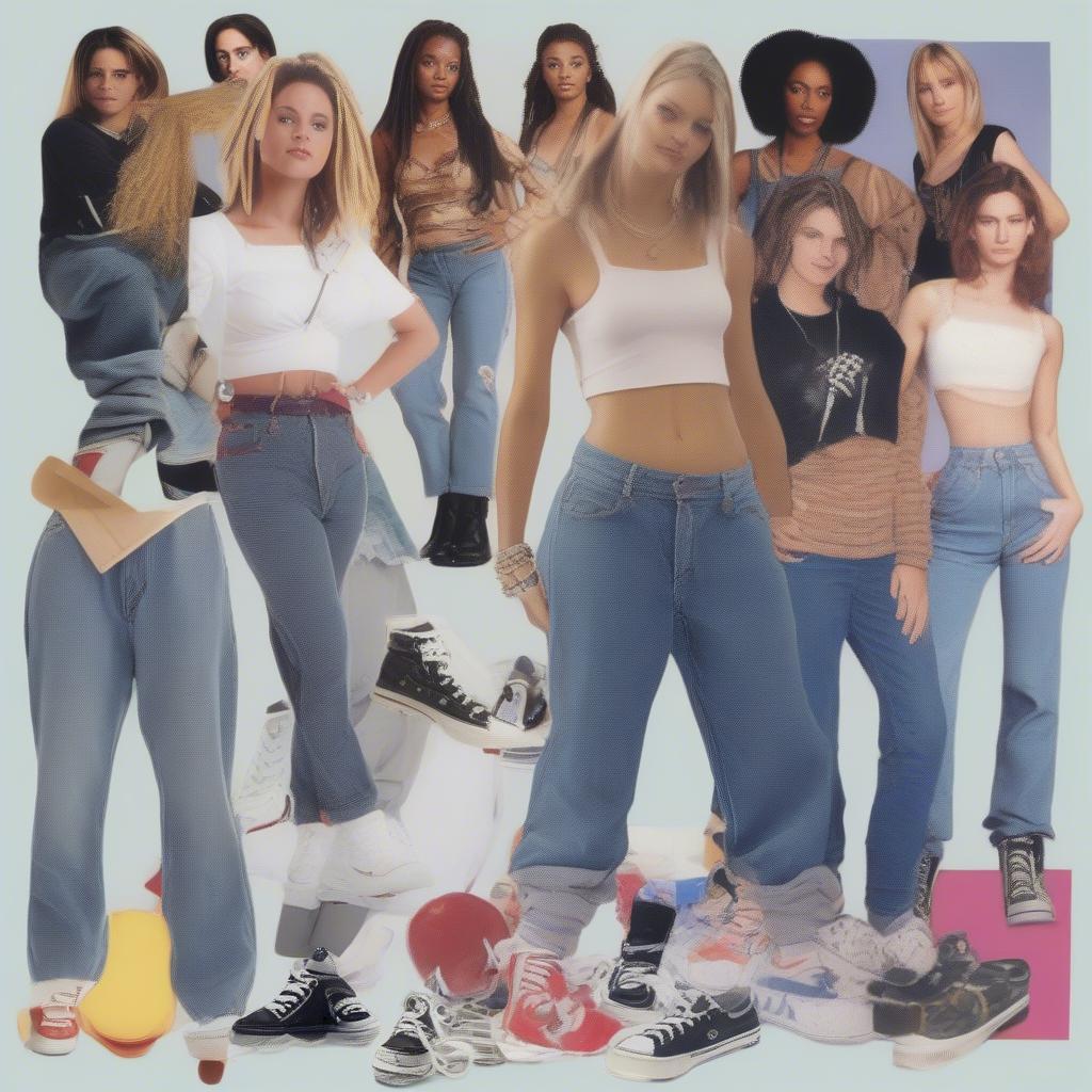 90s Music Influence: A collage showcasing the impact of 1990s music on fashion, culture, and social attitudes. It includes images of popular artists, fashion trends, and cultural moments.