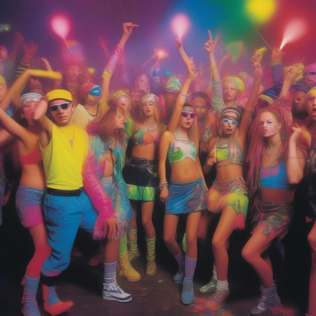 A group of ravers dressed in typical 90s rave fashion, dancing enthusiastically at a rave.