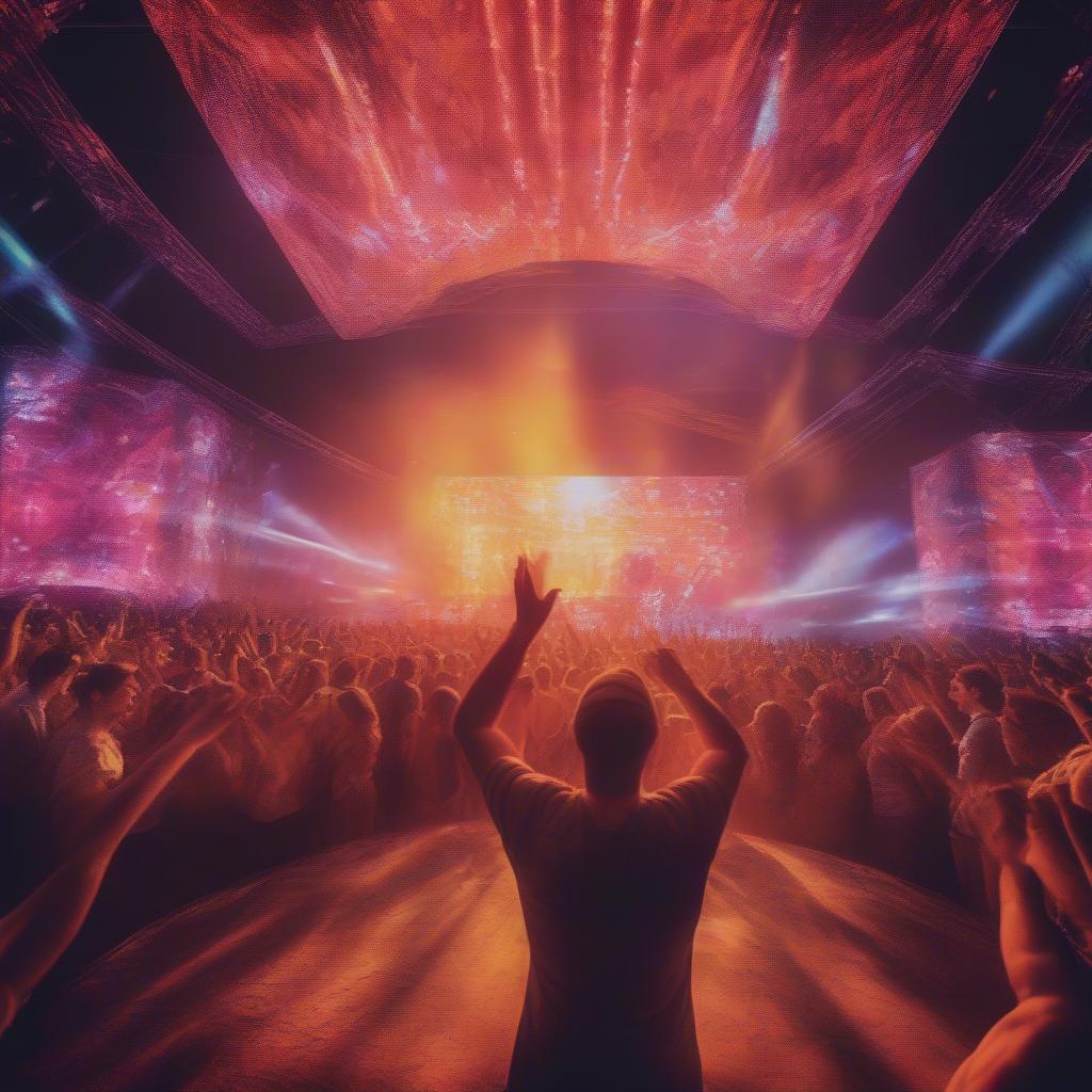 A large, enthusiastic crowd at a trance music festival, dancing and enjoying the music under a vibrant light show.