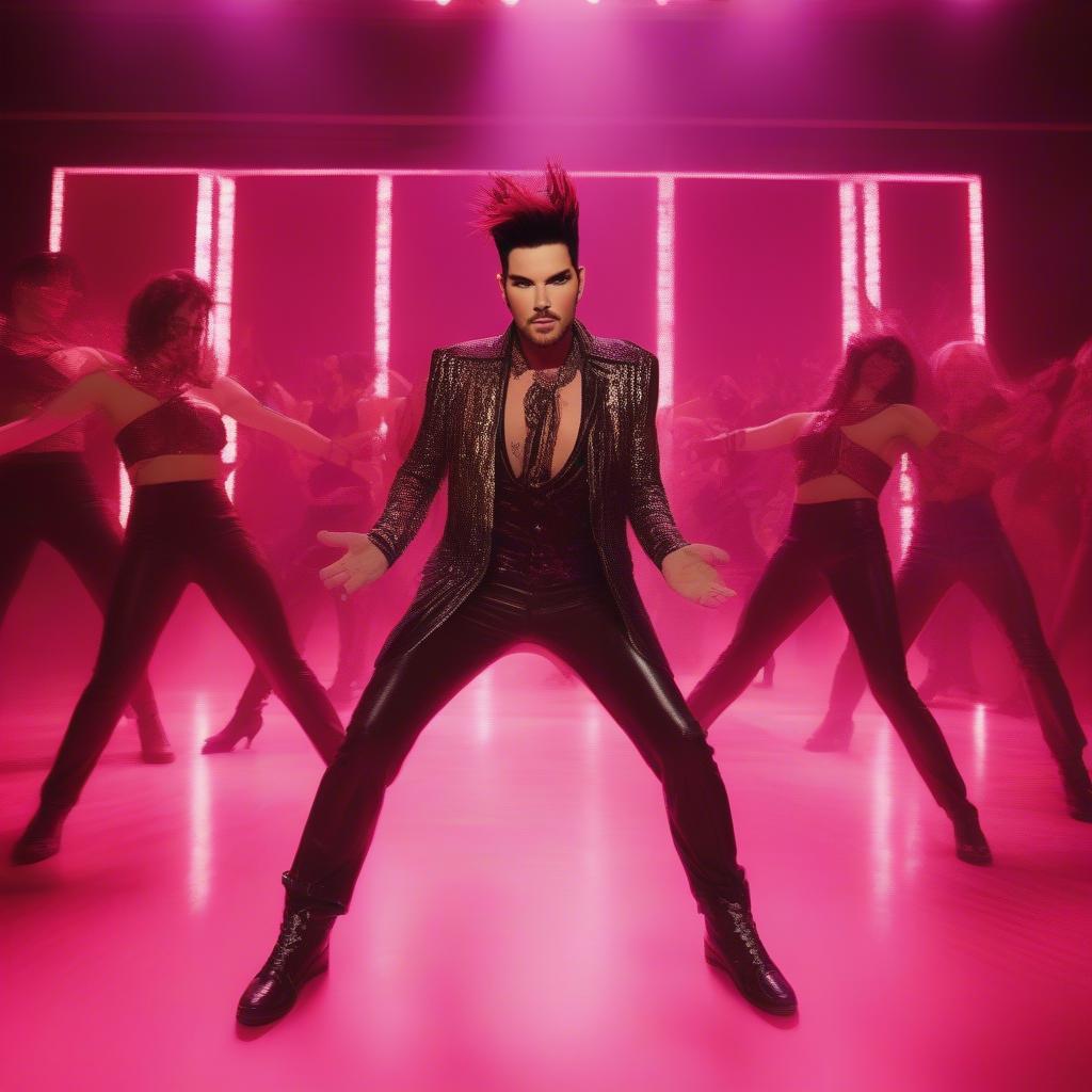 Adam Lambert in a music video, surrounded by dancers and vibrant visuals, showcasing his theatrical style.