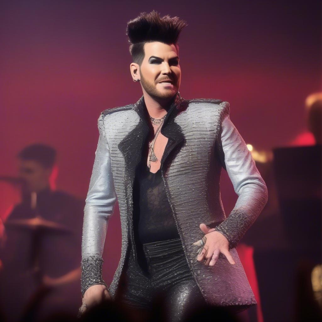 Adam Lambert performing with Queen on stage, highlighting his role as the band's current frontman.