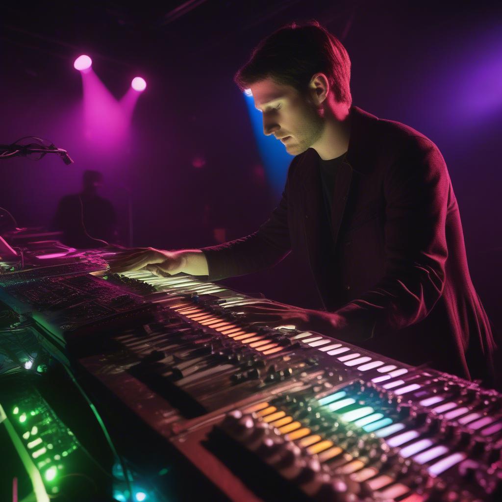 Adam Young playing synthesizers during a live performance.