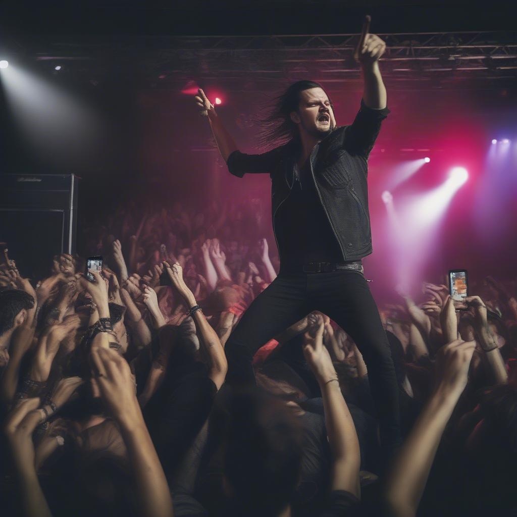 Adelitas Way performing live on stage in front of a large crowd