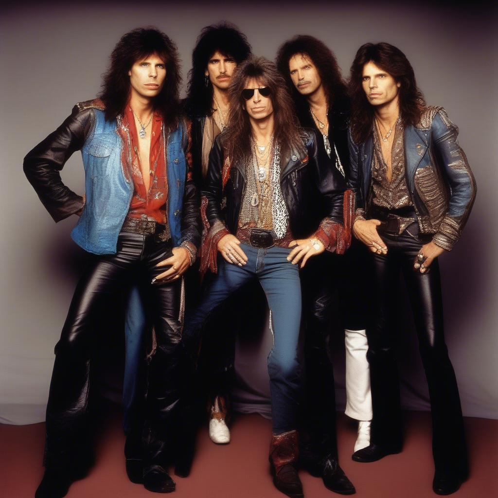 Aerosmith during their MTV era, posing for a photoshoot