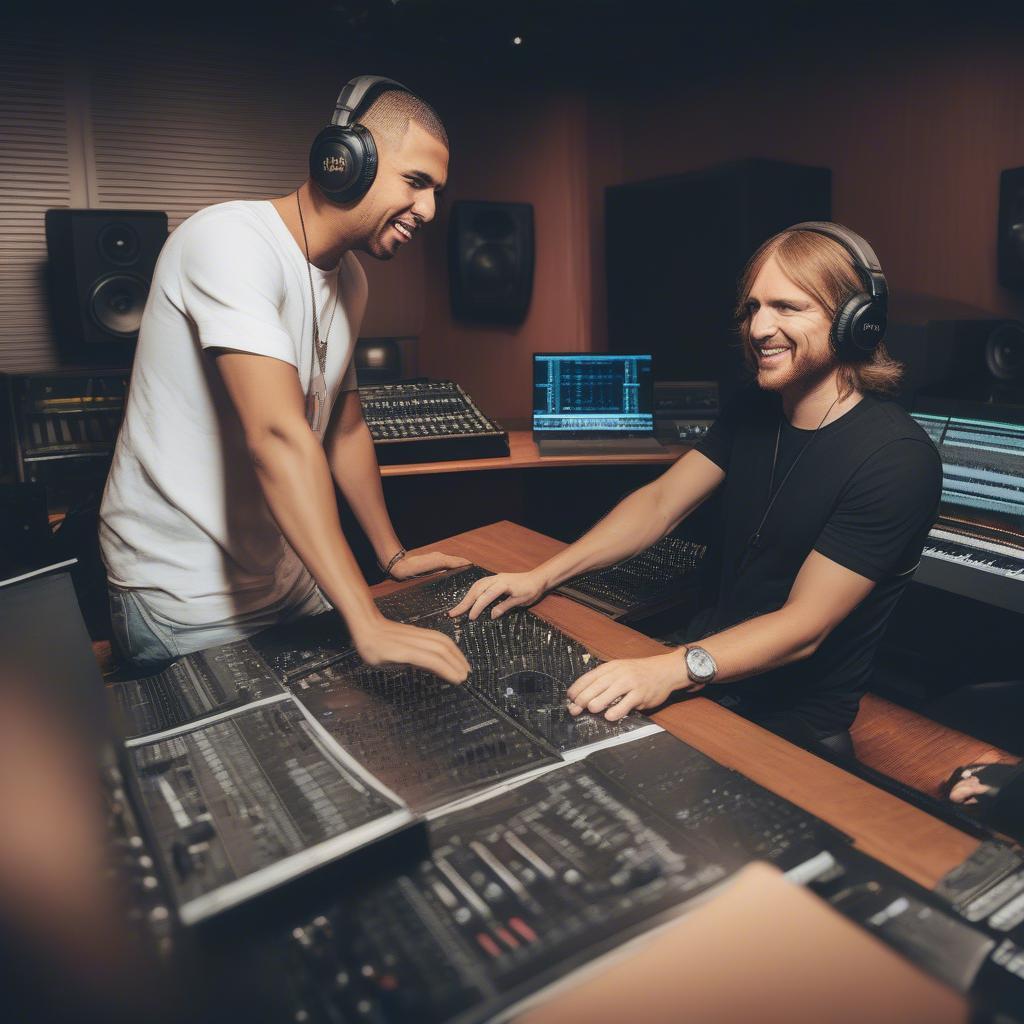 Afrojack and David Guetta Collaboration: A picture of the two artists in the studio, working together on a track, highlighting their creative synergy and shared passion for music.