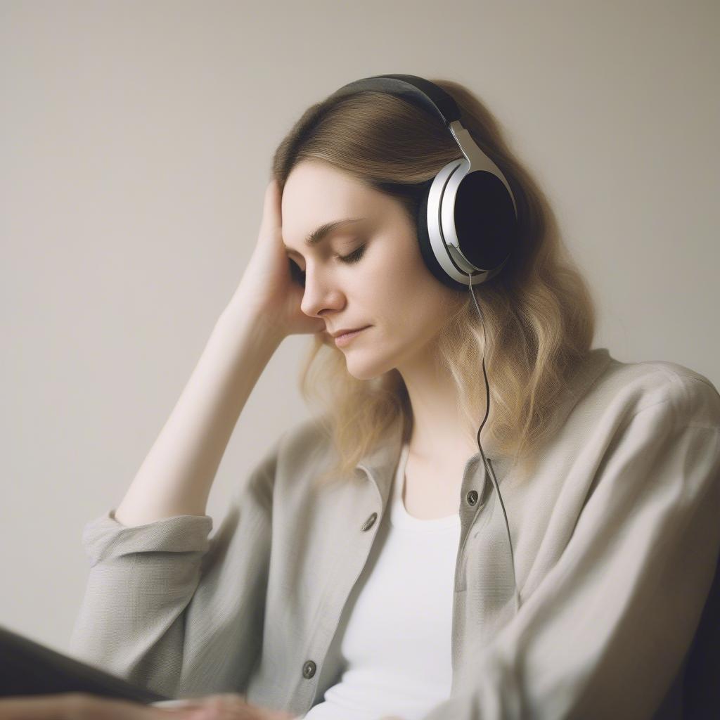 A fan enjoying Aimee Mann's music on headphones