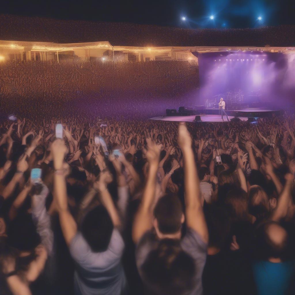 A crowd of fans cheering and singing along at an Air Supply concert, demonstrating their dedicated fanbase