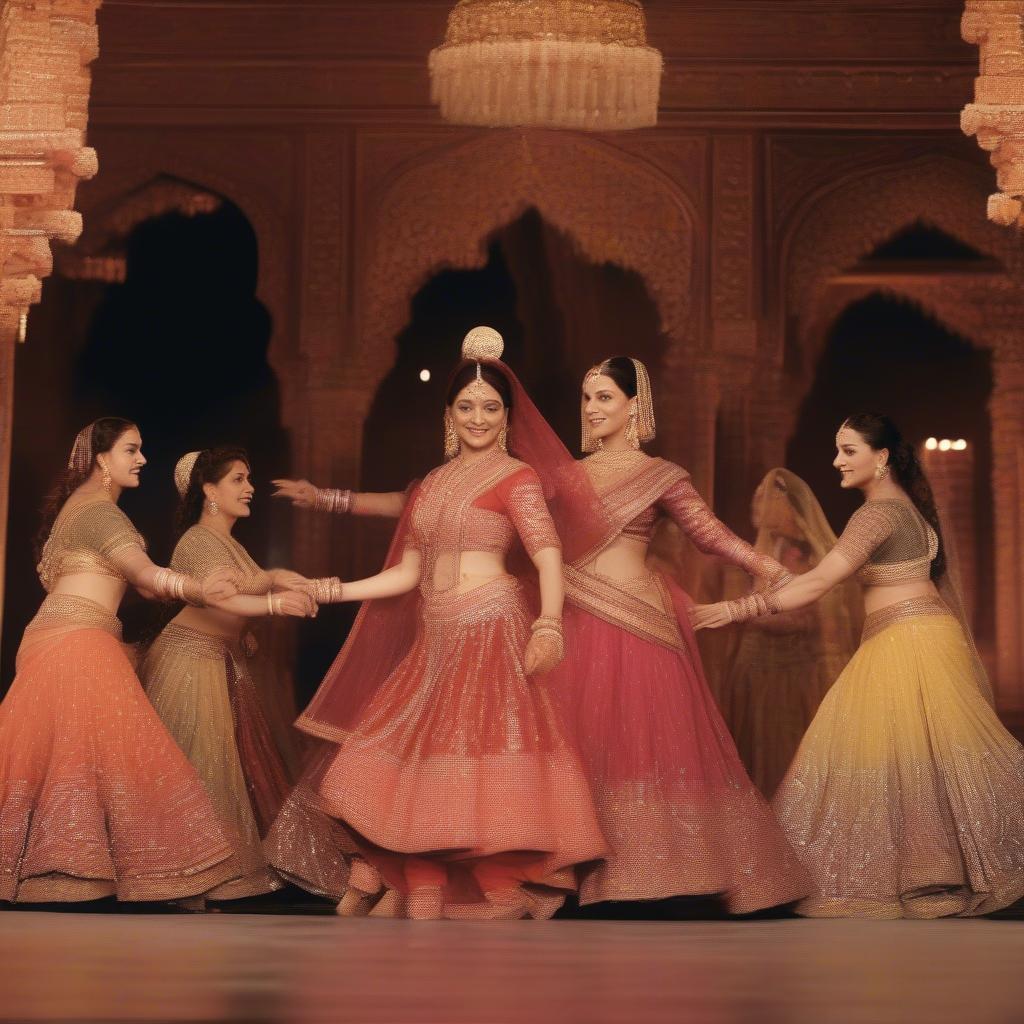 Aishwarya Rai and Madhuri Dixit performing the iconic "Dola Re Dola" sequence, showcasing the grandeur and vibrant energy of the song.