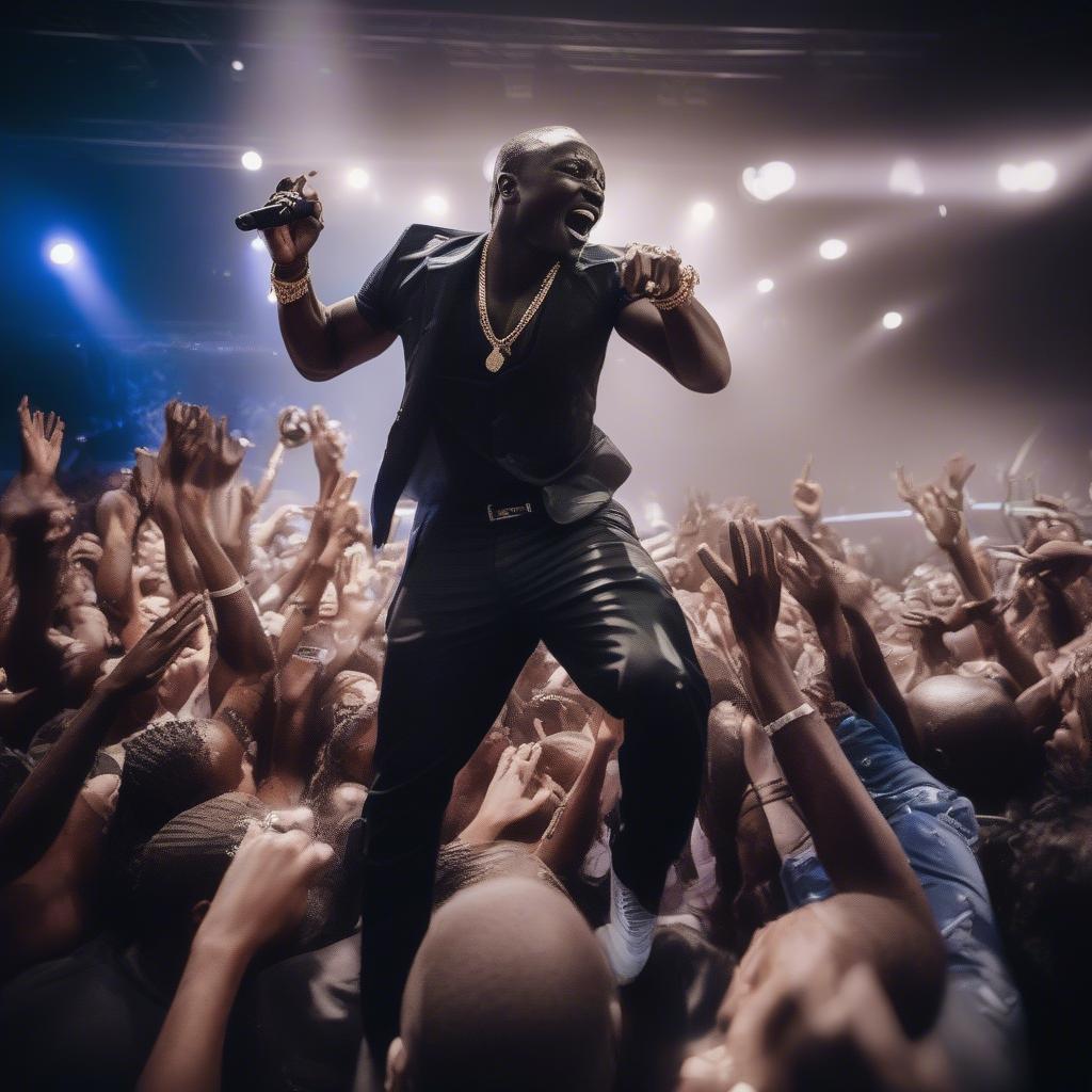 Akon performing live on stage, engaging with his fans and showcasing his energetic stage presence.