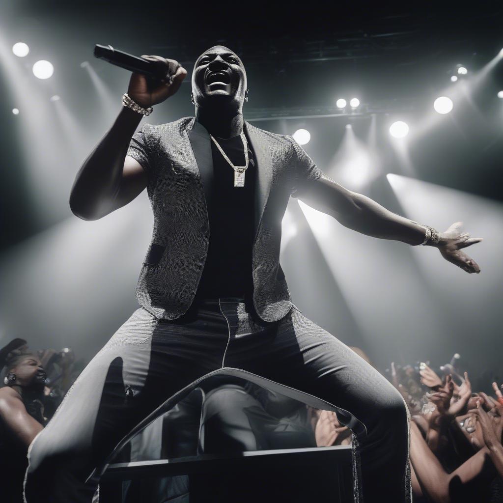 Akon engages with his audience during a live concert performance. He’s dressed in casual attire and holding a microphone, with the stage lights illuminating the background, showcasing his energetic stage presence and connection with his fans.