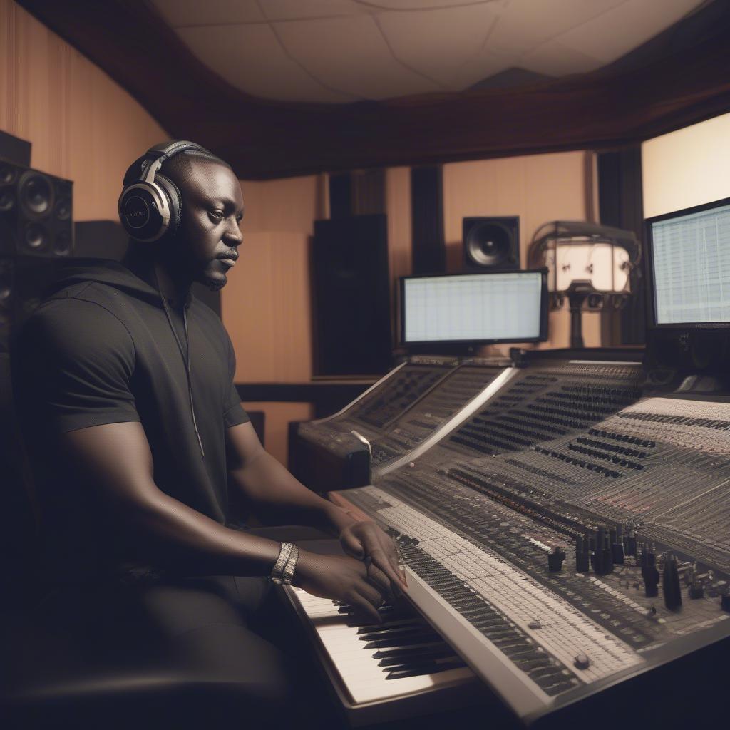 Akon is focused on working in a professional recording studio, surrounded by sound equipment and wearing headphones. The image conveys his dedication to the music creation process and the technical aspects of producing high-quality music.