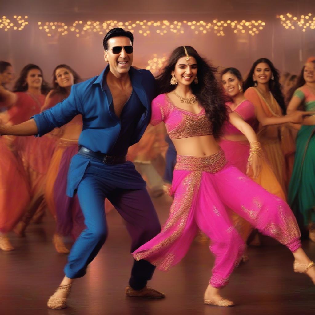 Akshay Kumar performing an energetic dance sequence in a Bollywood movie, surrounded by dancers.