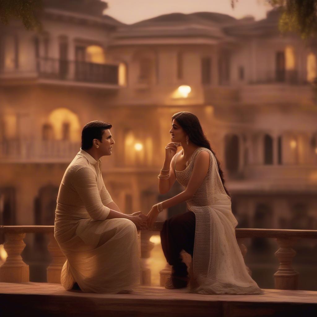 Akshay Kumar in a romantic scene from a movie, singing a love song to his co-star.