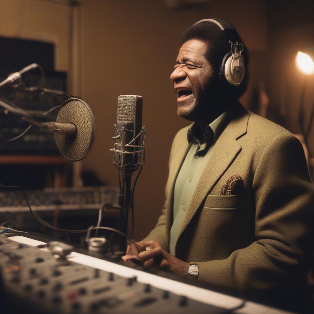 Al Green in the recording studio, engrossed in the music-making process, surrounded by instruments and recording equipment.