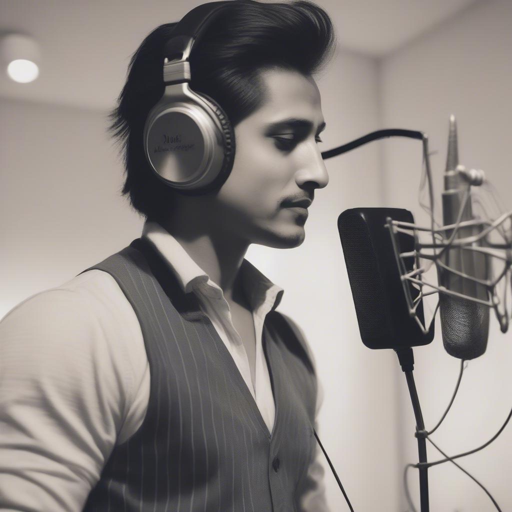 Ali Zafar immersed in the creative process during a studio recording session.