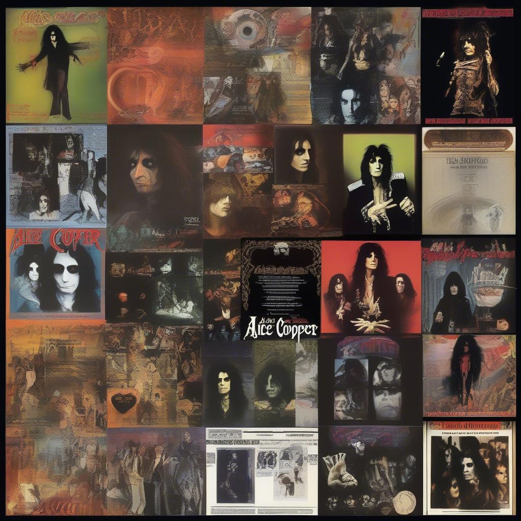 A collage of Alice Cooper album covers from the 1970s