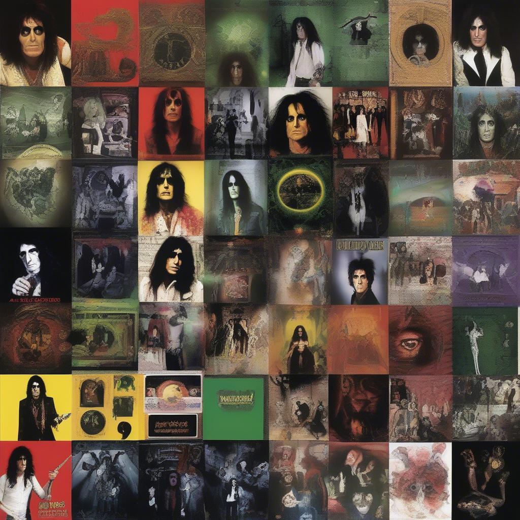 A collage of Alice Cooper's most iconic album covers