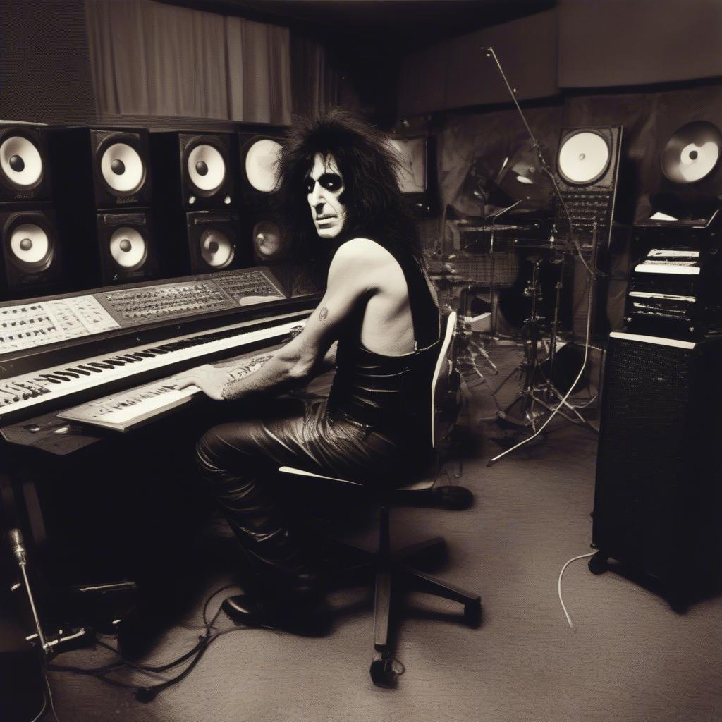 Alice Cooper and his band in a 1970s recording studio